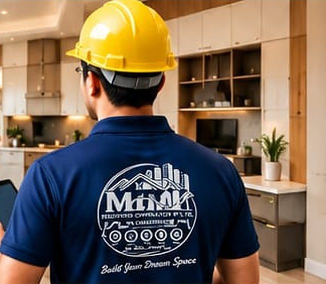Contractor with a tablet in a renovated kitchen