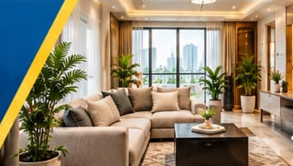 Renovated living room with skyline view