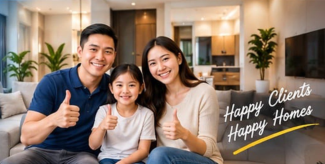 Happy family giving thumbs up in their renovated living room